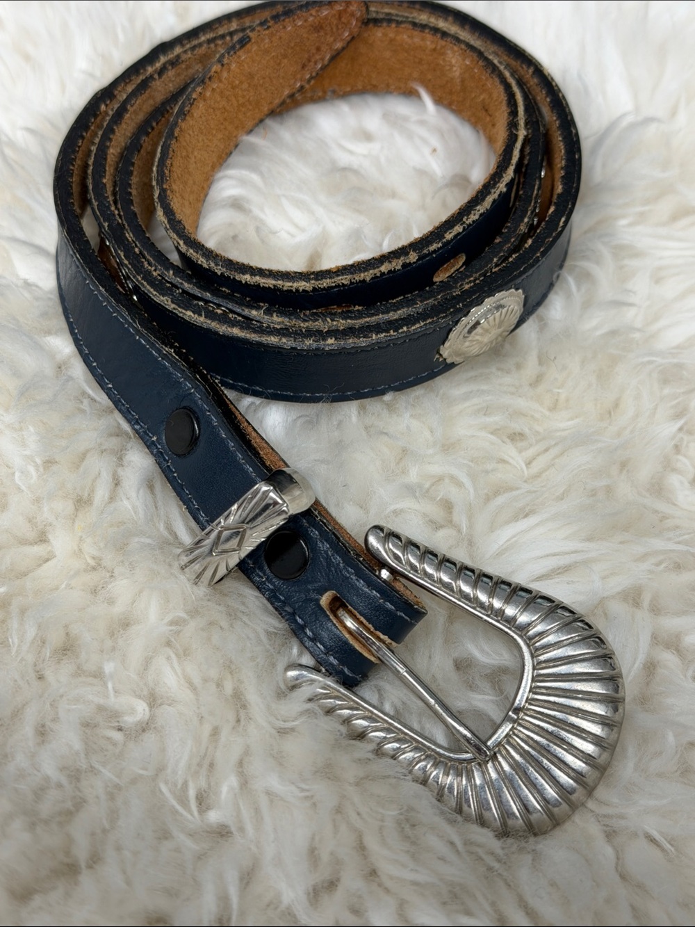 Vintage Navy Leather Belt with Silver Western metal Buckle and conchos